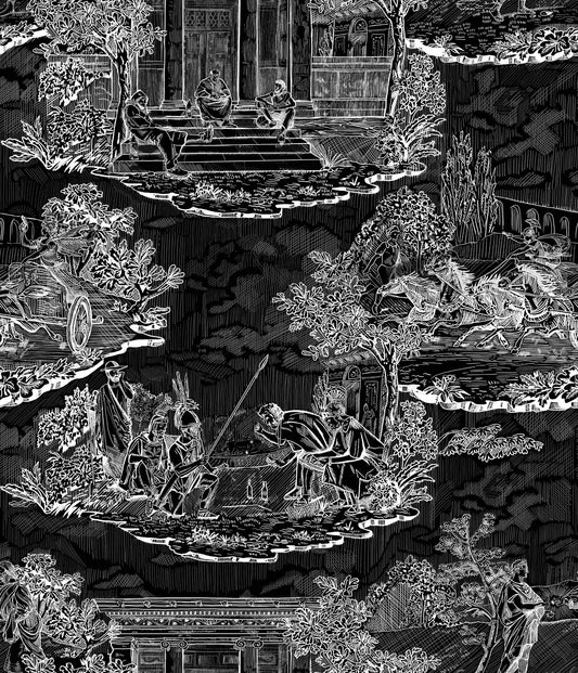 Thug Life Wallpaper by XAWD is a playful traditional toile pattern that shows some modern crimes happening in ancient times.